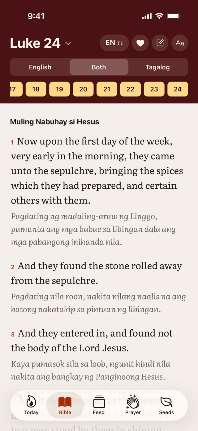 Luke 24 in the Bible reader, each verse in English with the Tagalog under it.