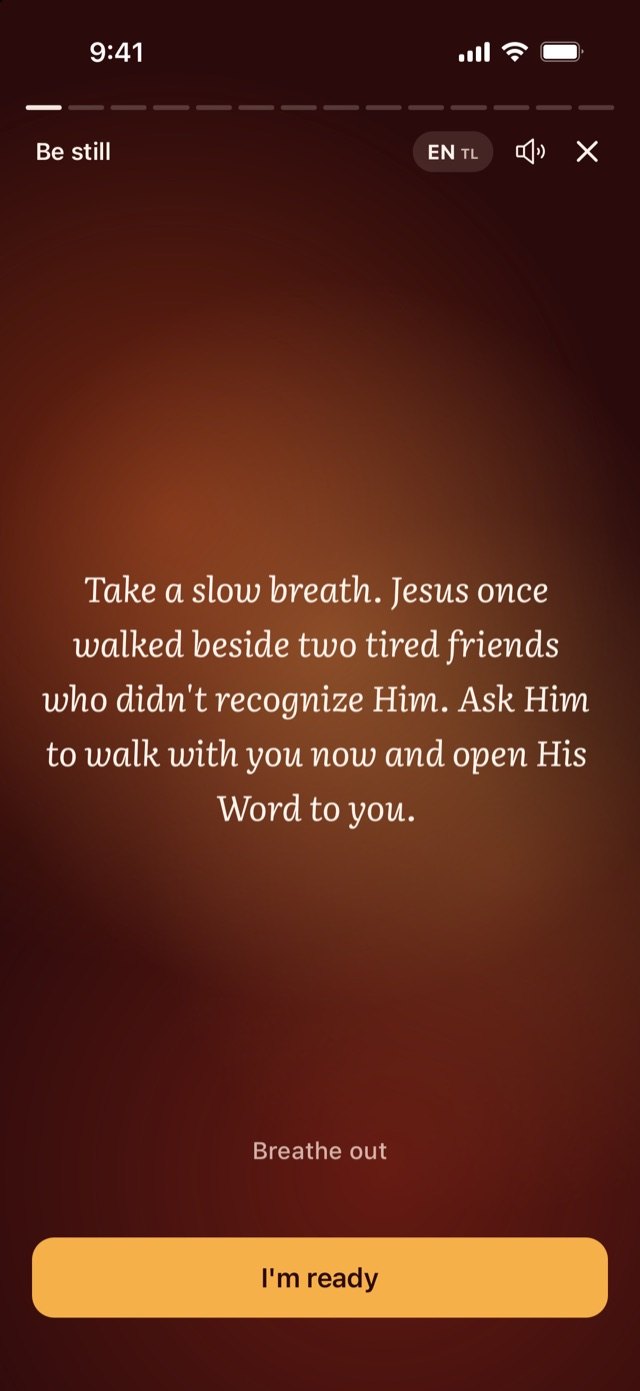 Daily Fire's first step, Be still: take a slow breath and ask Jesus to walk with you.