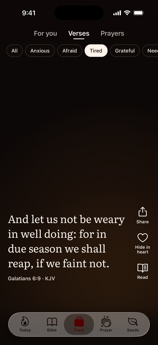 The Verses reel in the Feed: Galatians 6:9 on a warm dark background, under the Tired topic.