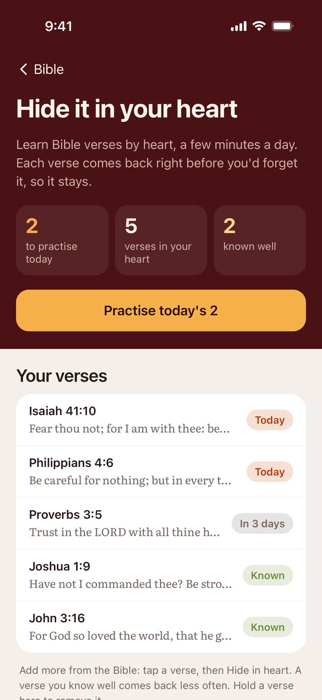 Hide it in your heart: five verses, two to practise today and two known well.