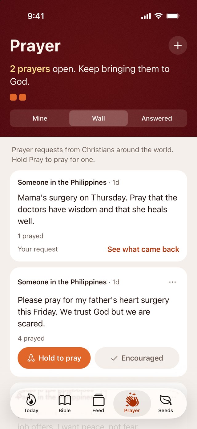 The Prayer Wall with requests from Christians around the world.