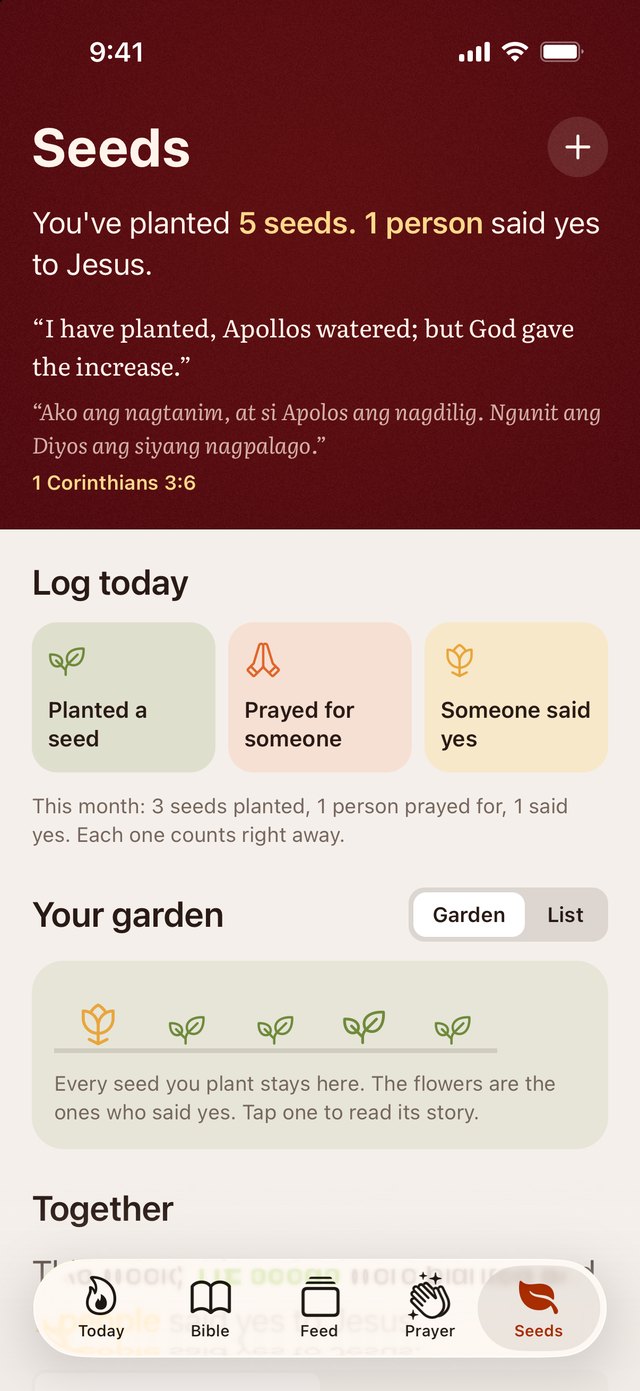 Seeds: five seeds planted and one person who said yes to Jesus, with 1 Corinthians 3:6.