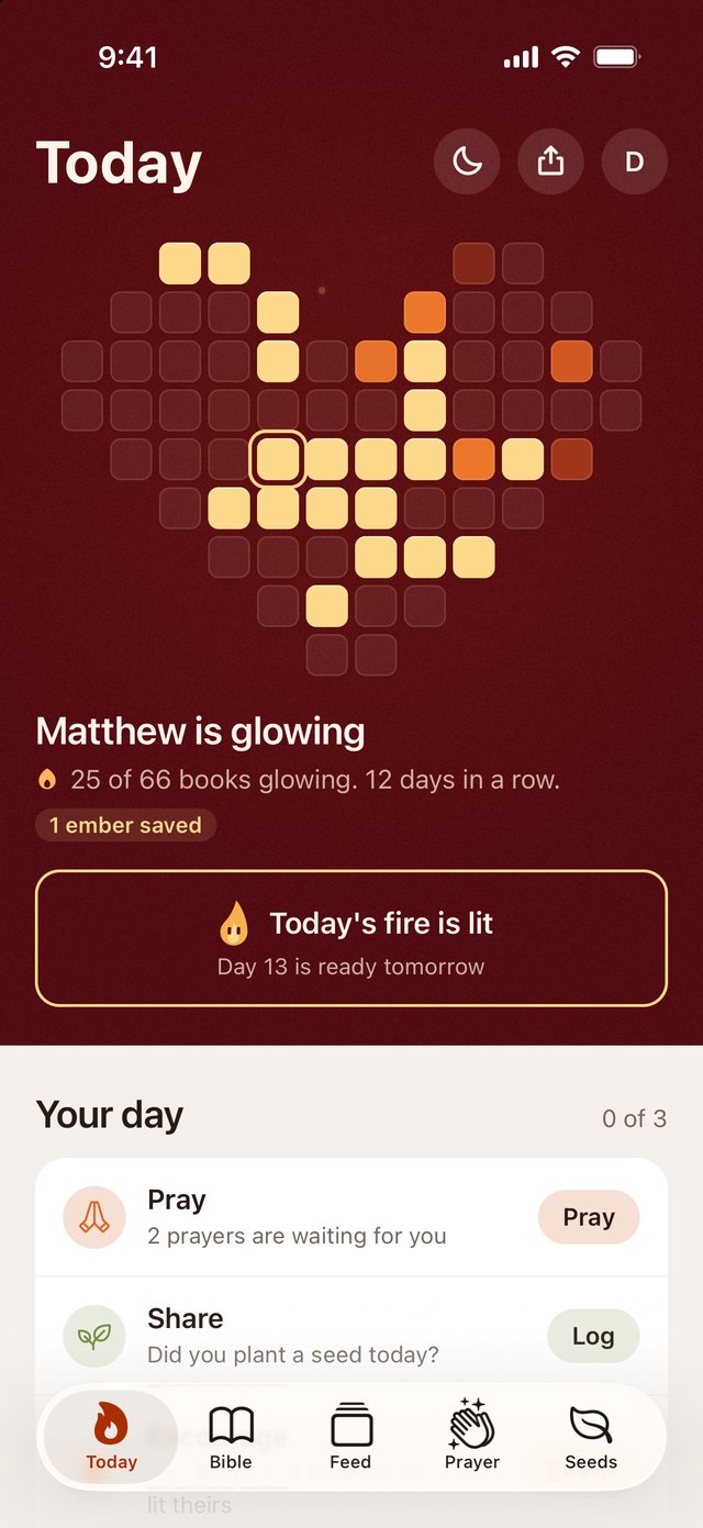 The Today screen: a heart of 66 book tiles with 25 glowing, a 12-day streak, and Today's fire is lit.